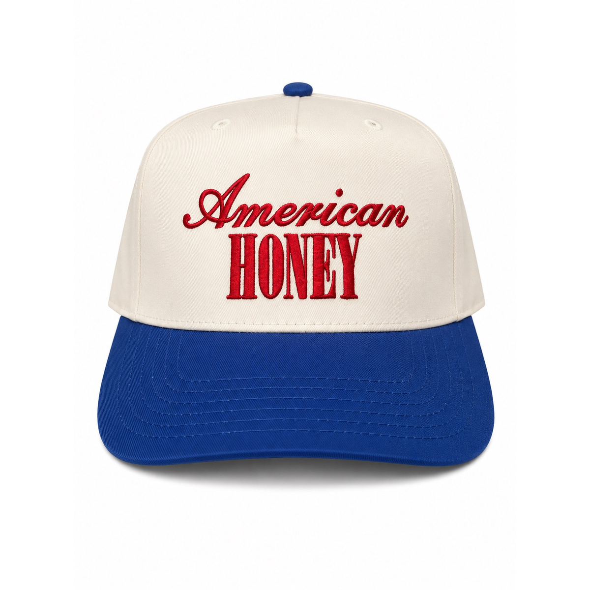 American Honey embroidered snapback hat natural cream royal blue brim bold red script lettering twstd threads