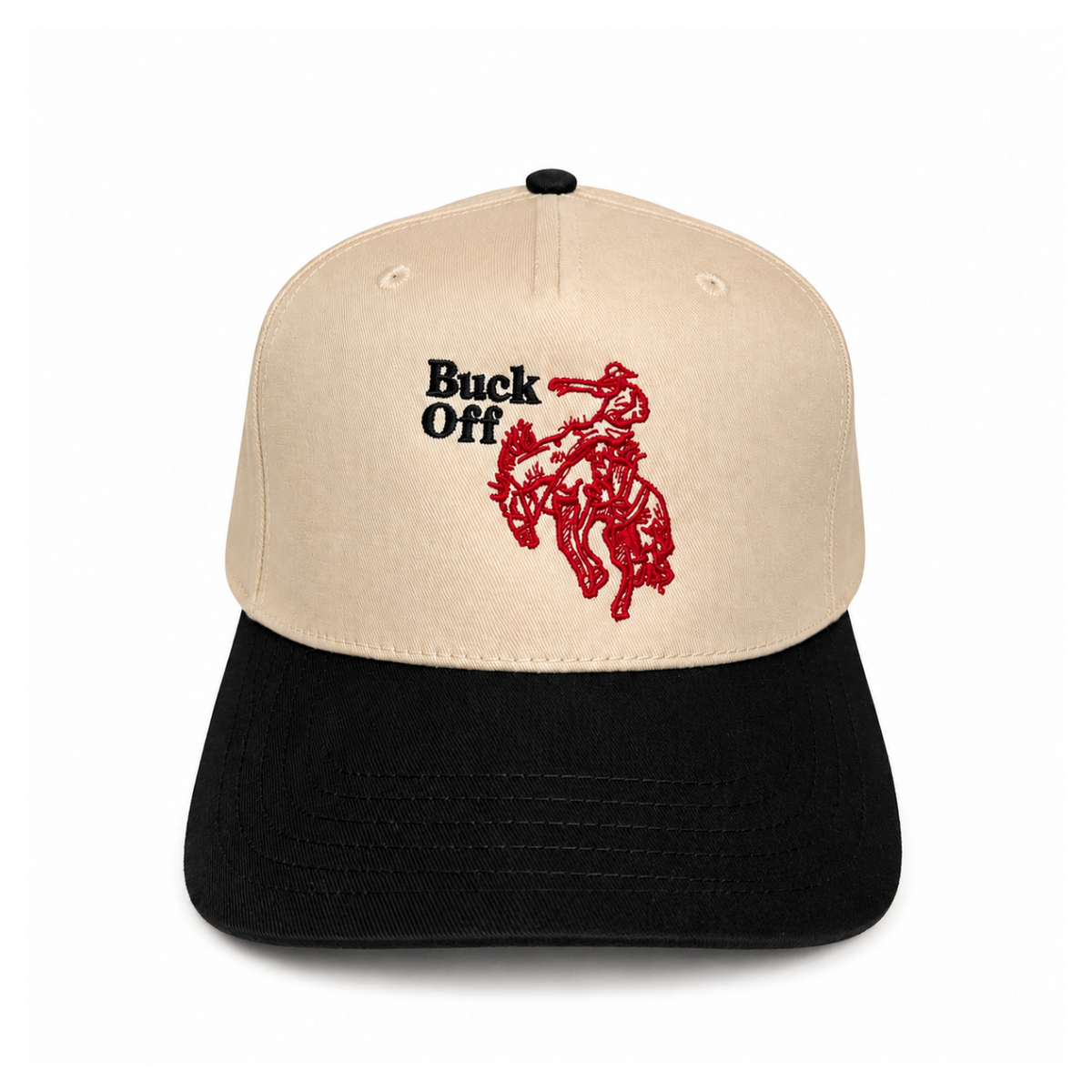 Buck Off embroidered western snapback hat natural and black brim red bucking bronco graphic twstd threads
