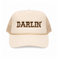 Darlin embroidered western trucker hat natural tan mesh back brown cowhide texture lettering gold rope trim twstd threads