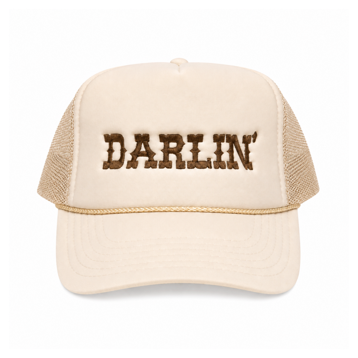 Darlin embroidered western trucker hat natural tan mesh back brown cowhide texture lettering gold rope trim twstd threads