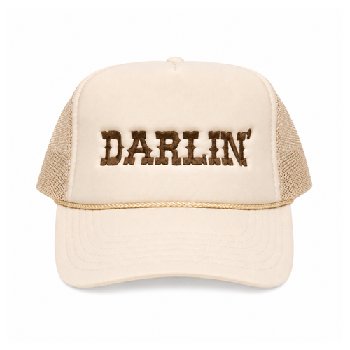Darlin embroidered western trucker hat natural tan mesh back brown cowhide texture lettering gold rope trim twstd threads