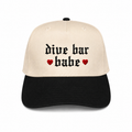 Dive Bar Babe embroidered snapback hat natural and black brim gothic lettering red heart accents twstd threads