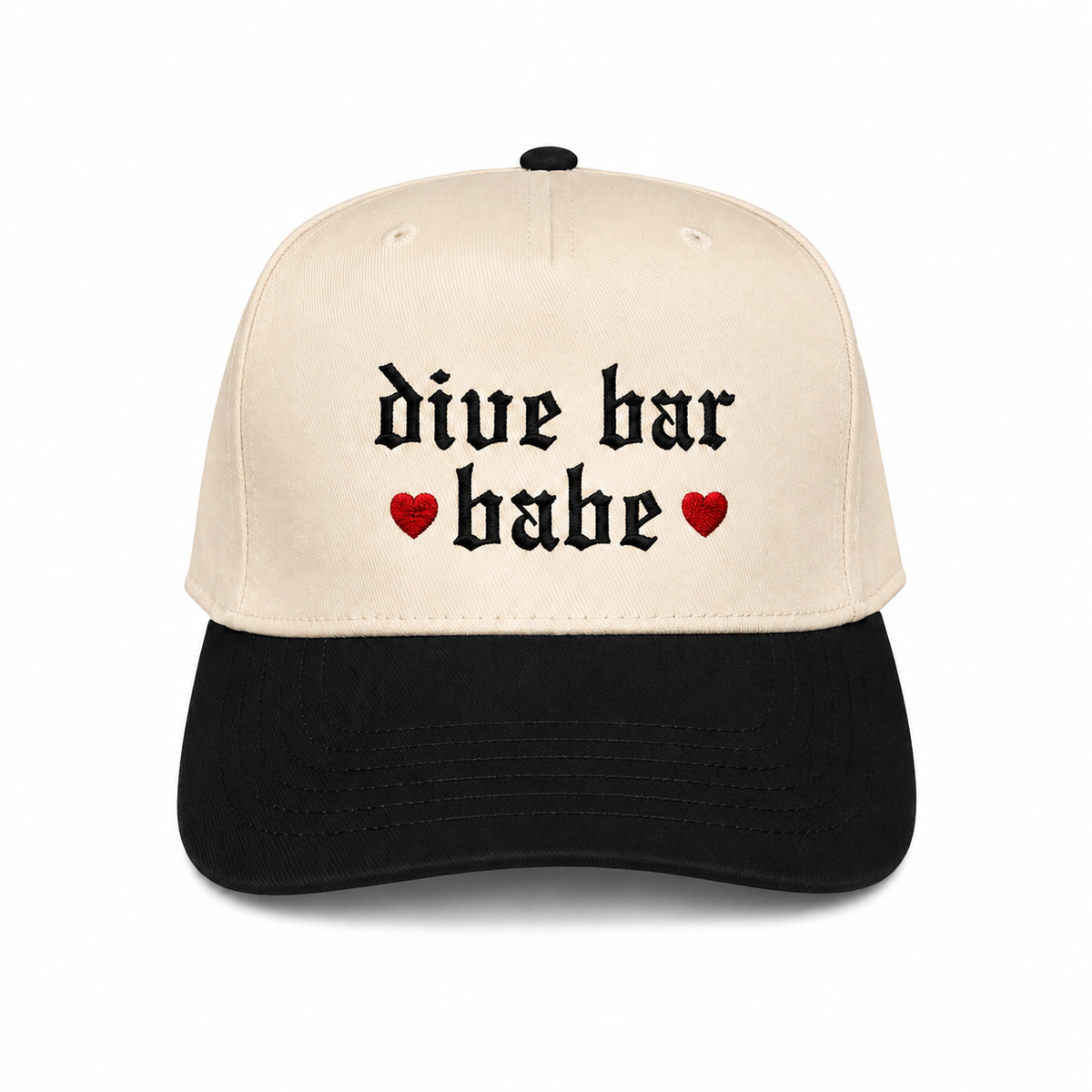 Dive Bar Babe embroidered snapback hat natural and black brim gothic lettering red heart accents twstd threads