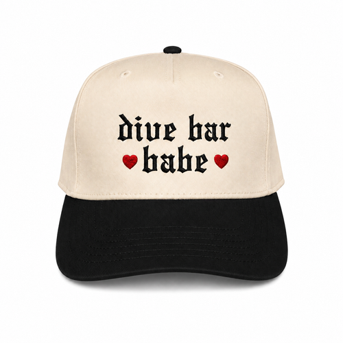 Dive Bar Babe embroidered snapback hat natural and black brim gothic lettering red heart accents twstd threads