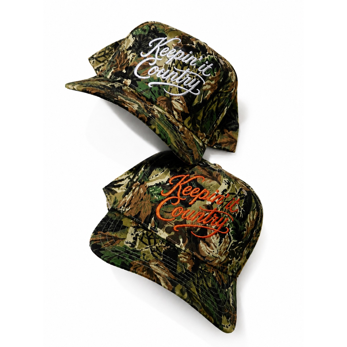 Keepin It Country embroidered camo snapback hat mossy oak white and burnt orange script lettering options twstd threads