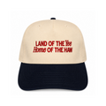 Land of the Yee Home of the Haw embroidered snapback hat natural and navy brim bold red block script lettering twstd threads
