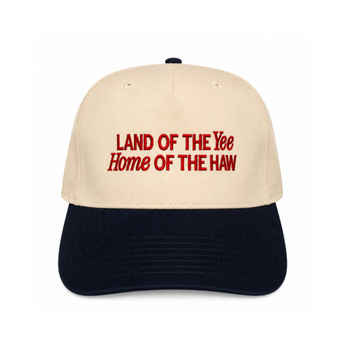 Land of the Yee Home of the Haw embroidered snapback hat natural and navy brim bold red block script lettering twstd threads