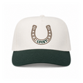 Lucky embroidered horseshoe snapback hat natural and forest green brim brown and green thread twstd threads
