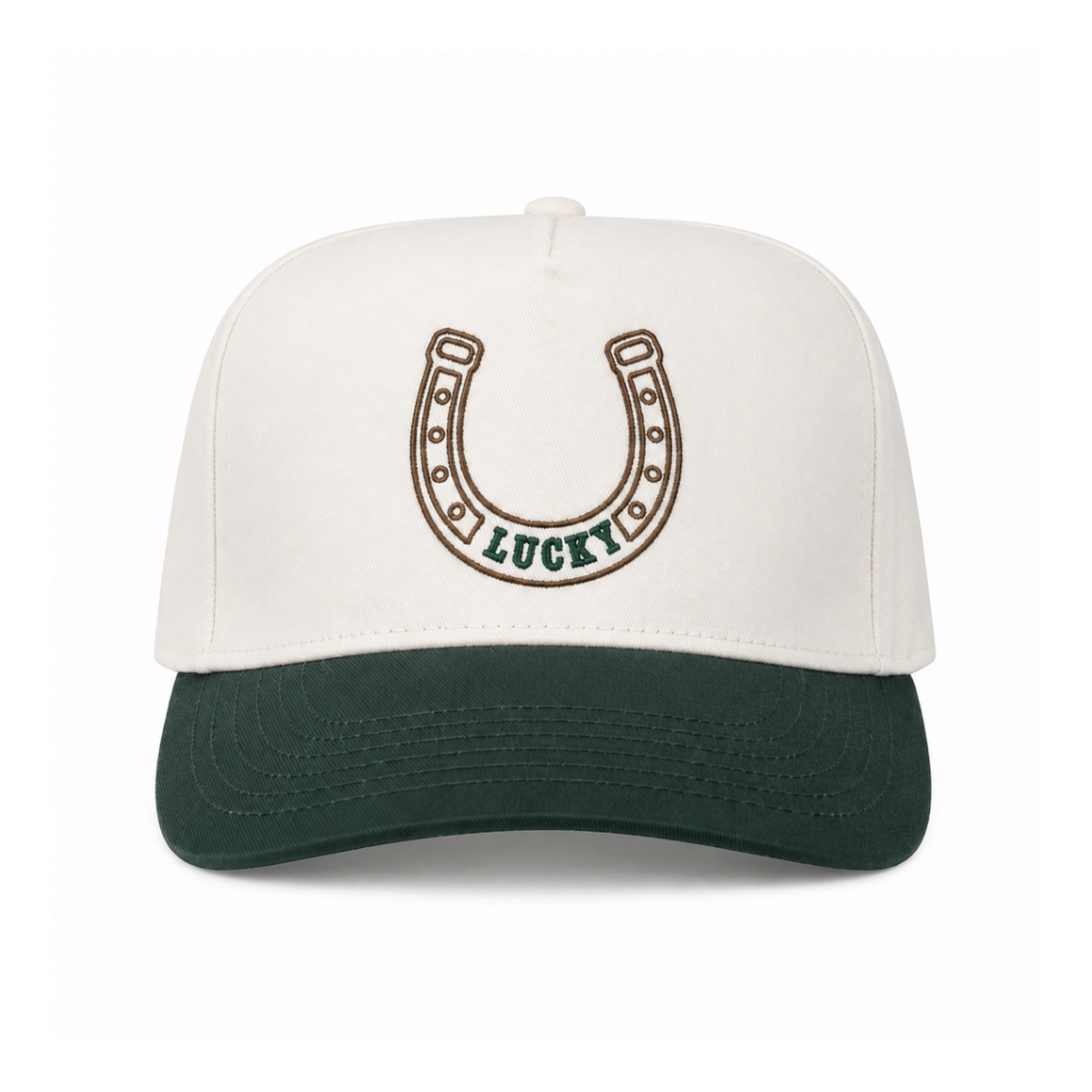 Lucky embroidered horseshoe snapback hat natural and forest green brim brown and green thread twstd threads