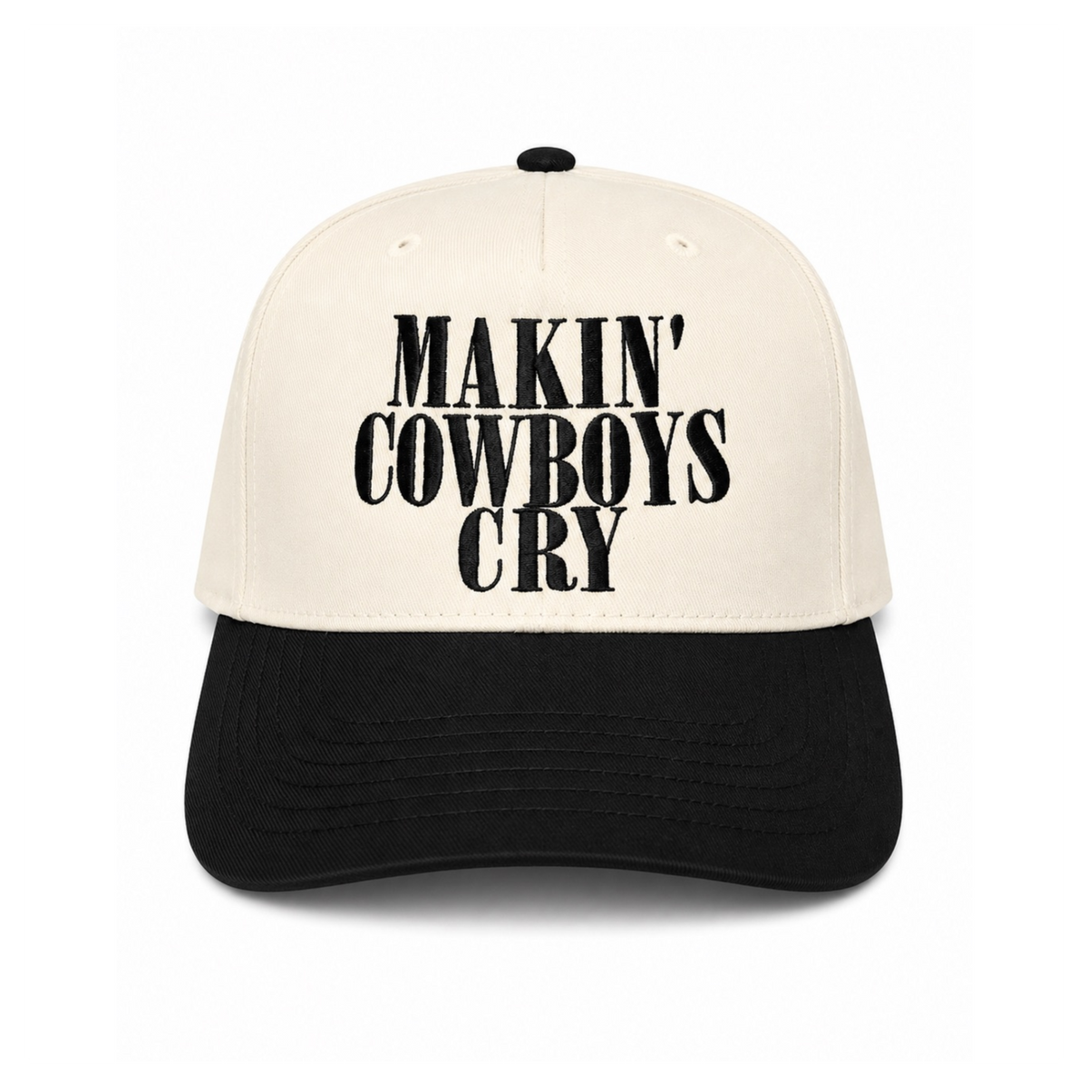 Makin Cowboys Cry embroidered snapback hat natural and black brim bold black block lettering twstd threads