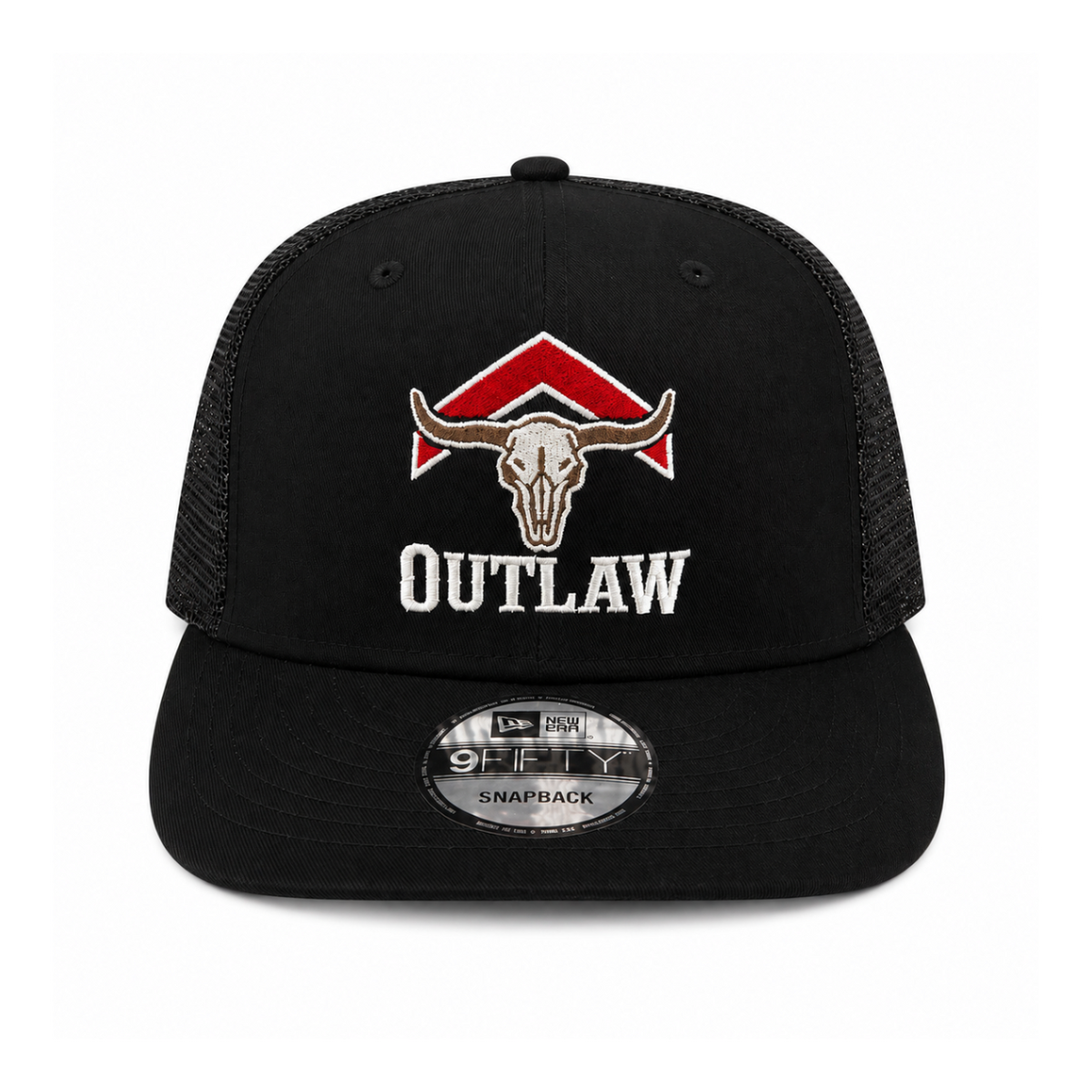 Outlaw embroidered black mesh back trucker hat bull skull red chevron graphic New Era 9Fifty snapback twstd threads