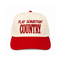 Play Somethin Country embroidered western snapback hat natural and red brim bold red script block lettering twstd threads