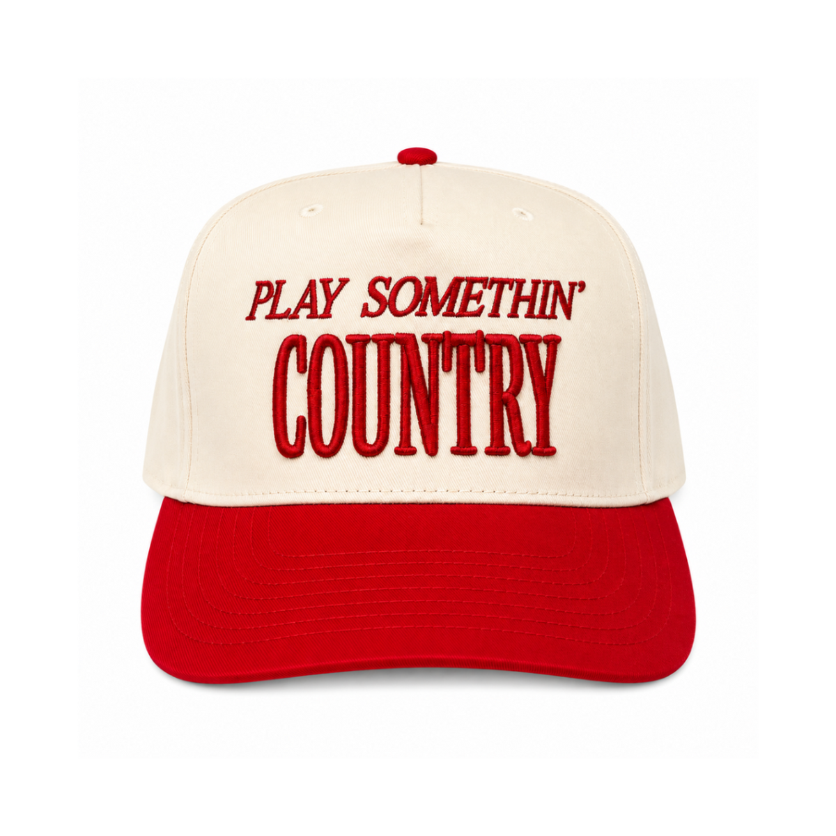 Play Somethin Country embroidered western snapback hat natural and red brim bold red script block lettering twstd threads