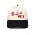 Raisin Hell embroidered snapback hat natural and black brim bold red script block lettering twstd threads