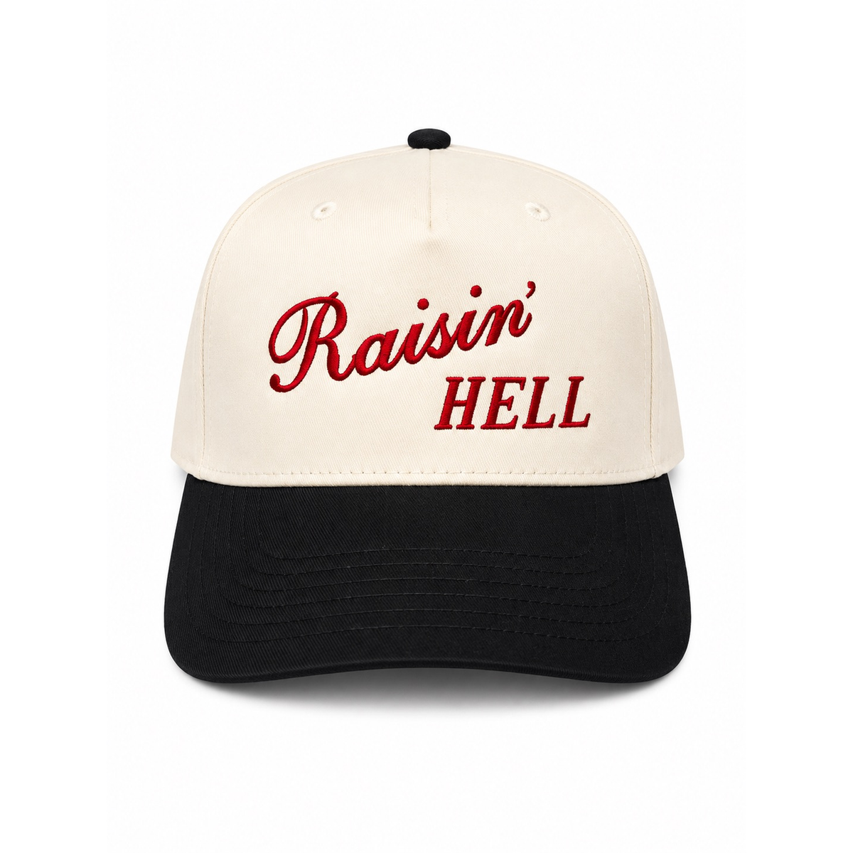 Raisin Hell embroidered snapback hat natural and black brim bold red script block lettering twstd threads