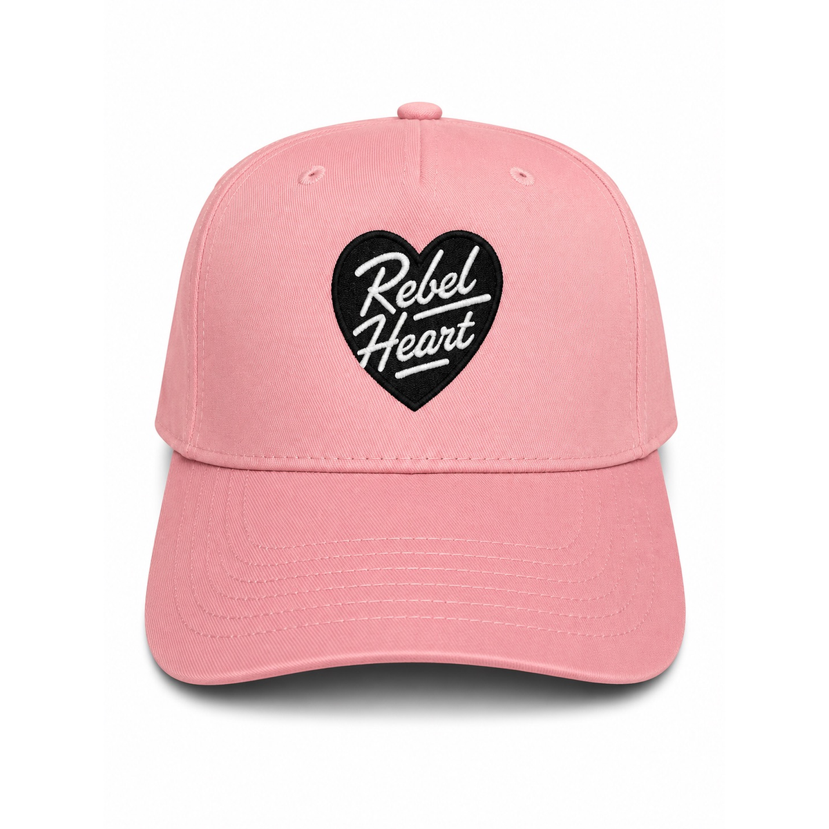 Rebel Heart embroidered pink dad hat black heart patch white script lettering unstructured low profile twstd threads