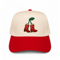 Sierras Cherry Boots embroidered snapback hat natural and red brim cowboy boots cherry graphic white star accents twstd threads