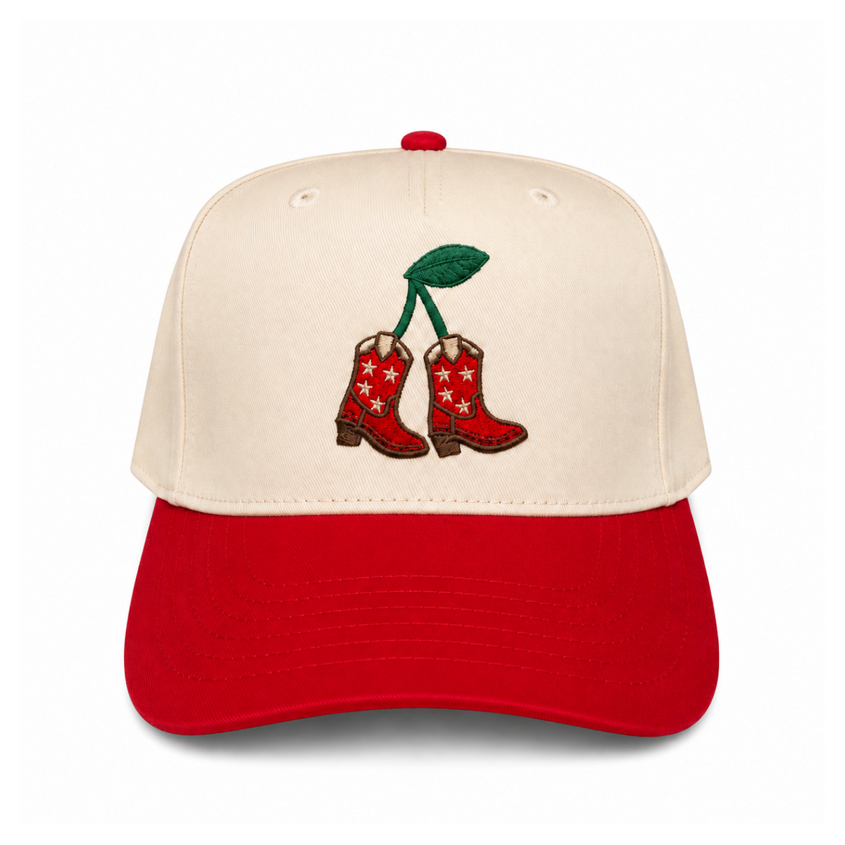 Sierras Cherry Boots embroidered snapback hat natural and red brim cowboy boots cherry graphic white star accents twstd threads