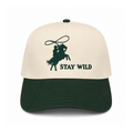 Stay Wild embroidered western snapback hat natural and forest green brim cowboy horseback lasso graphic twstd threads