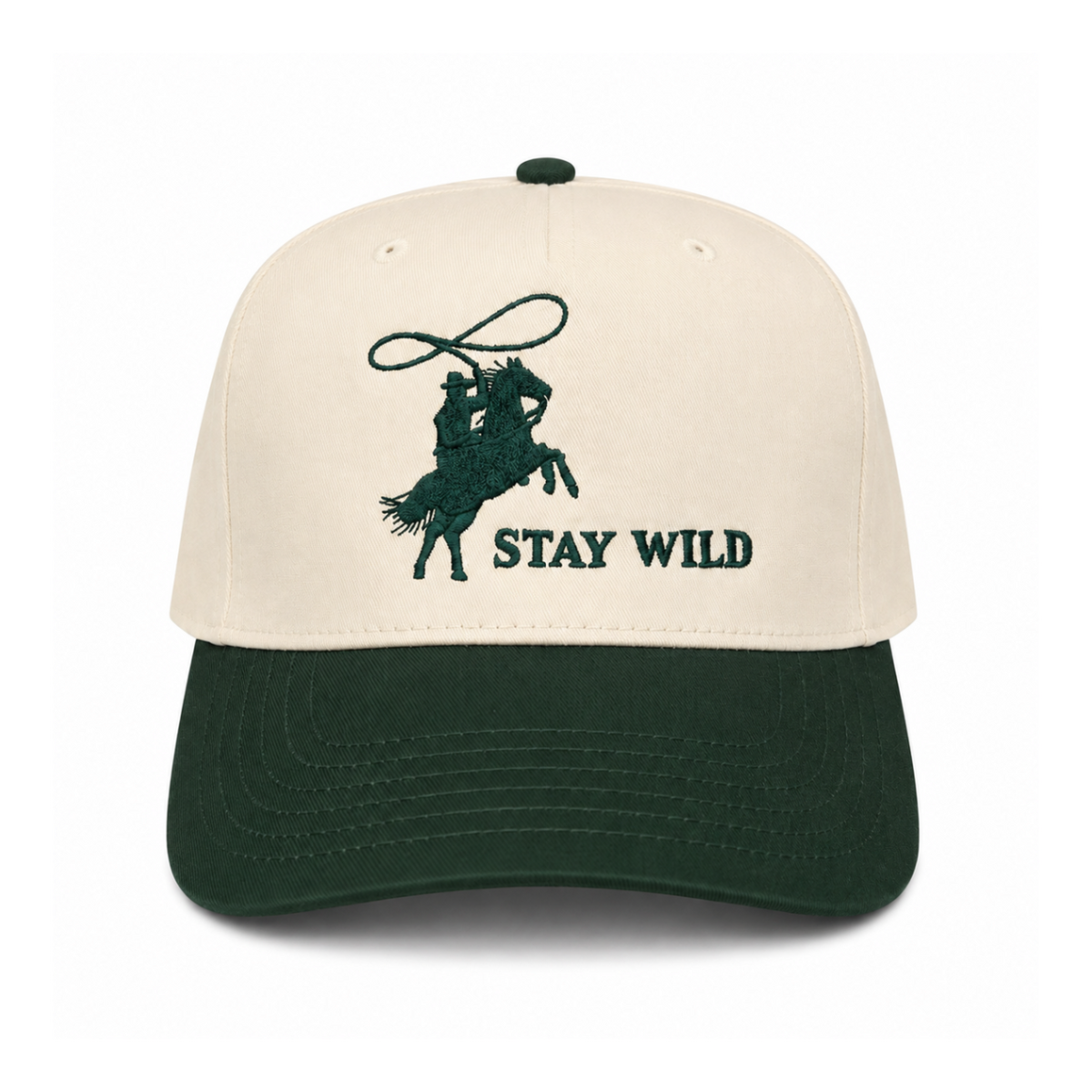 Stay Wild embroidered western snapback hat natural and forest green brim cowboy horseback lasso graphic twstd threads