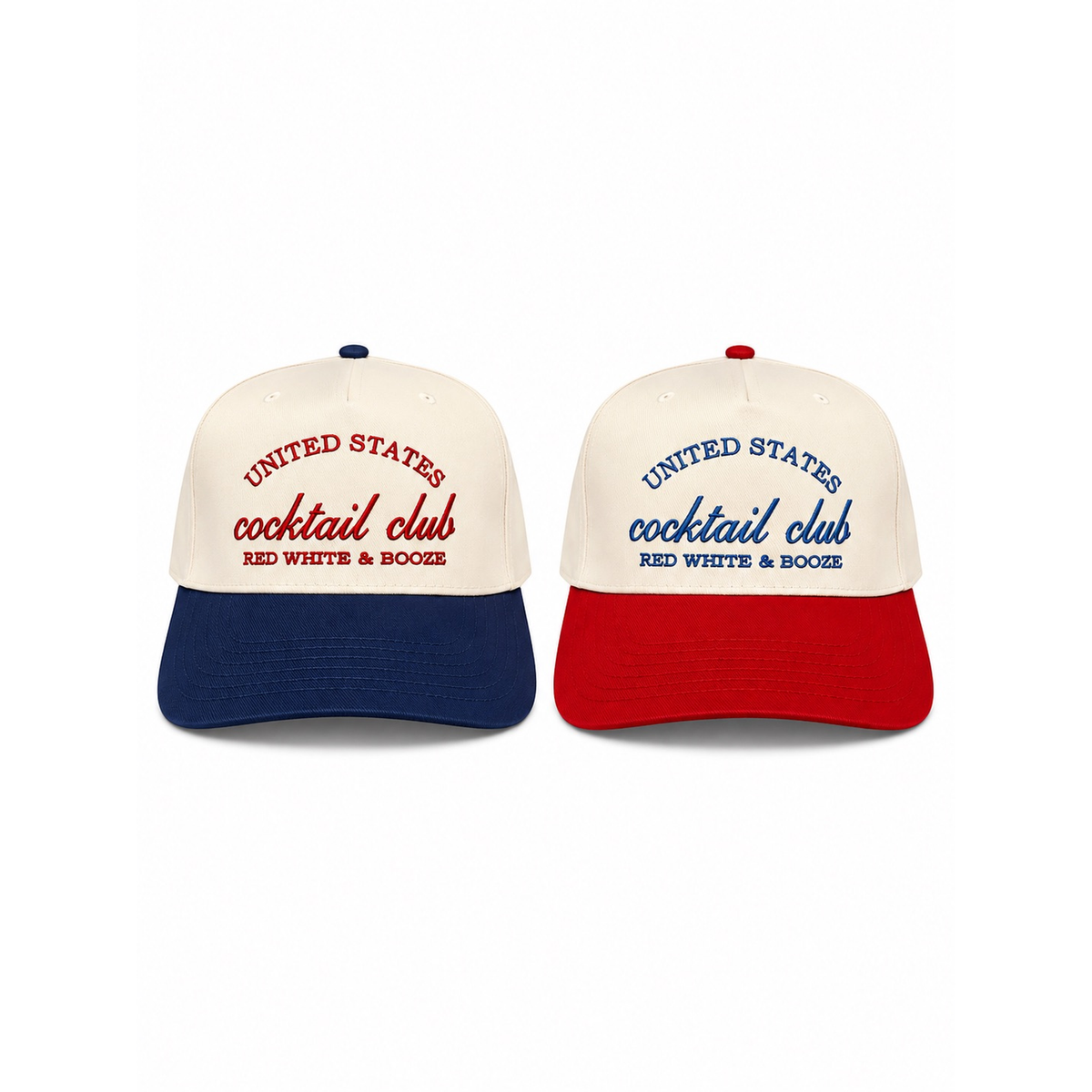 United States Cocktail Club Red White and Booze embroidered snapback hat natural navy and red brim color options twstd threads
