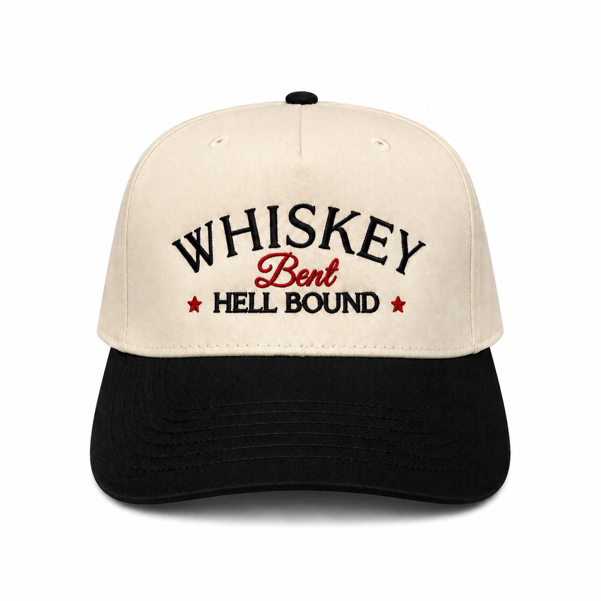 Whiskey Bent Hell Bound embroidered western snapback hat natural and black brim black block red script lettering star accents twstd threads
