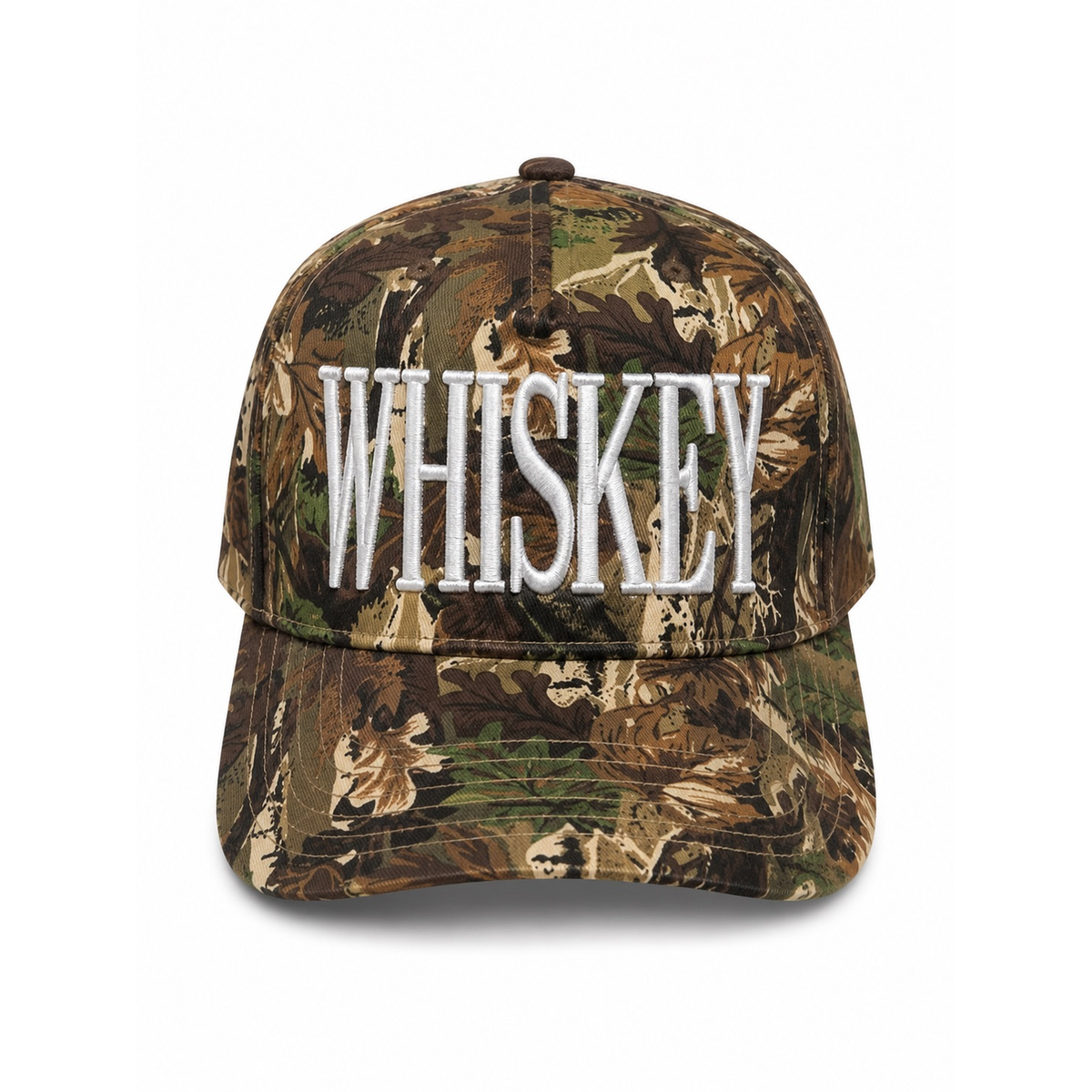 Whiskey embroidered camo snapback hat mossy oak bold white block lettering twstd threads