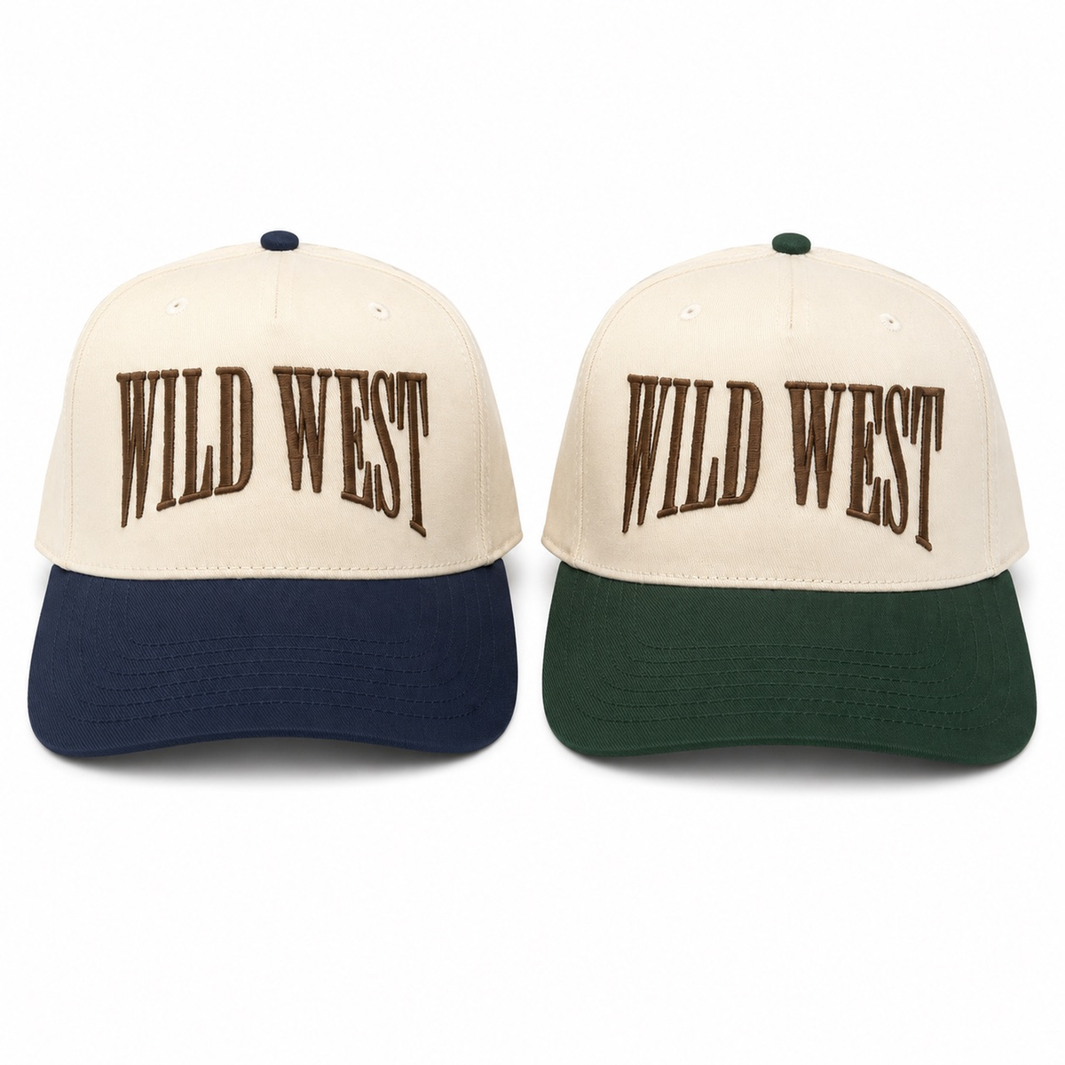 Wild West embroidered western snapback hat natural crown navy and forest green brim options brown block lettering twstd threads